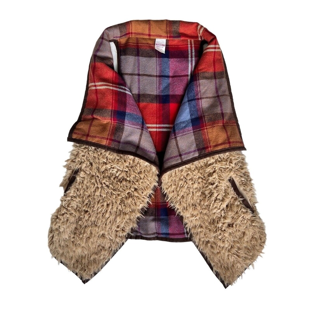 Womens Faux Fur Plaid Vest S/M Open Front Shaggy Drape Neck Festival Burning Man
